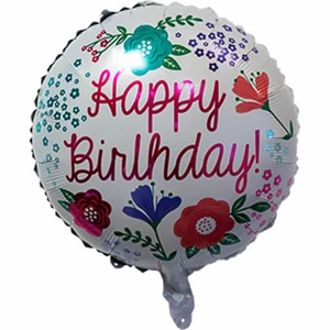 Party fólia lufi fehér, virágos Happy Birthday felirat 45cm