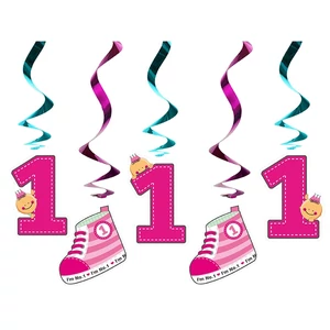 Party függő dekor spirálos Bébi cipős,pink,60cm,5db-os 1. születésnapra