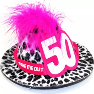 Party kalap szülinapi 50. Párducmintás mini kalap pink tollal 50-es felirattal
