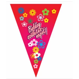 Party dekor zászló szülinapra Boldog Születésnapot, piros színű Egy fűzér hossza: 2,5 m, 10 db zászló