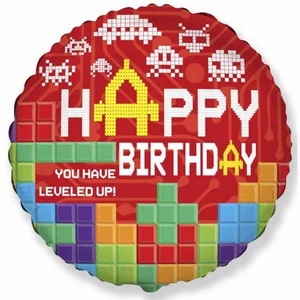 Party Lufi fólia 18"-46cm gömb alakú, Happy Birthday Bricks Fólia Léggömb+hélium