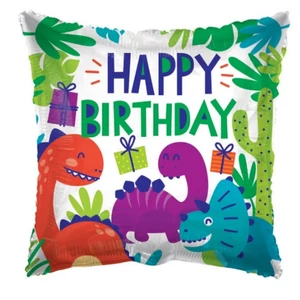 Partylufi fólia 45cm 18"-es, párna alakú dínós Happy Birthday felirattal