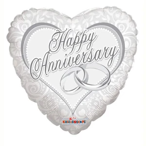 Partylufi fólia Happy anniversary, szív ezüst gyűrűkkel 45cm