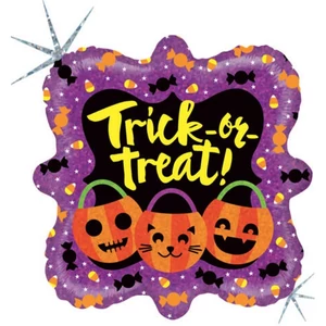 Party Lufi Halloween 46cm 21' Trick or Treat feliratú, tökös hologrammos Fólia Léggömb+hélium