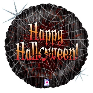 Party Lufi Halloween 46cm 21' Happy Hallowen felirat, pókhálós hologrammos Fólia Léggömb+hélium