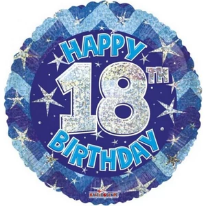 Party Lufi szülinapi 18"-46cm 18th Happy Birthday Blue Sparkle mintás Hologrammos Fólia Léggömb+hélium