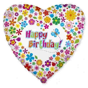 Party Lufi szülinapi 18"-46cm Virág mintás Szív alakú Happy Birthday! feliratos Fólia Léggömb+hélium
