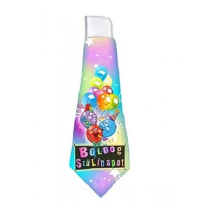 Party nyakkendő szülinapi élénk színű, Boldog Szülinapot feliratos 14x37cm lufi-csillag mintás nyakkendő
