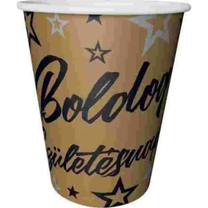 Party pohár papír 220ml metál arany színű (8db/csomag) csillag mintás, Boldog Születésnapot feliratos.