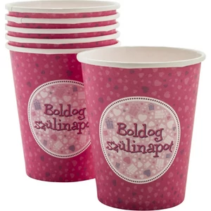 Party pohár papír 250ml Boldog szülinapot feliratos, rózsaszín (6db/csomag)