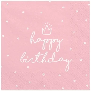 Party szalvéta PartyDeco 3rétegű 33x33cm-es, rózsaszín Happy Birthday felirattal