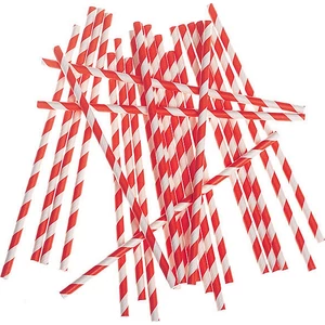 Party szívószál 20cm piros fehér spirálos csíkos papír parti kellék (24db/csomag)
