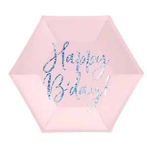 Party tányér 20cm Happy Birthday hatszögletű pink 5db/csom