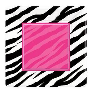 Party tányér 26x26cm Zebra csíkos fekete/pink 8db/csomag