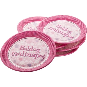 Party tányér papír 23cm Boldog szülinapot feliratos, rózsaszín (6db/csomag)
