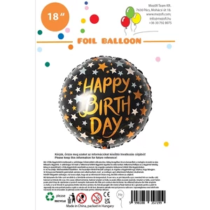 Partylufi fólia Happy Birthday fekete arany csillagos gömb 45 cm 