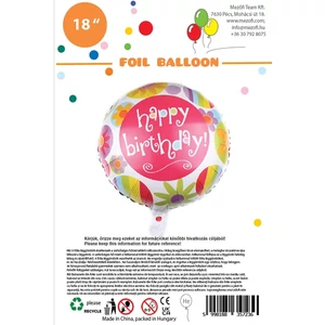 Partylufi fólia Happy Birthday keretes virágos gömb 45 cm 