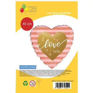 Partylufi fólia szív, I love You, pink csíkos, 45 cm