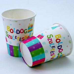 Party pohár papír 250ml Boldog Születésnapot feliratos, tortás (6db/csomag)