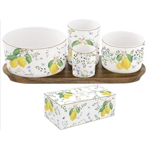 Kínálótálka szett Porcelán 4db-os akácfa tálcán 29x13cm dobozban Fleurs et Citrons -citrom