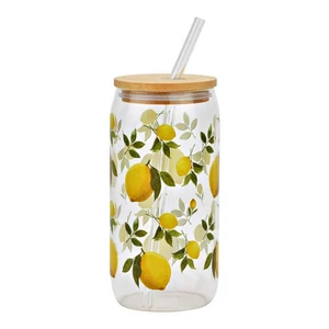 Sárga citromos ivópohár 590ml Bambusz tetővel, üvegszívószállal 1db/ár SDGW26