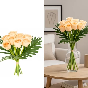 Selyemvirág - művirág 35cm rózsacsokor barack 15szál 30x30x35cm SDDST5 zöld levelekkel dobcsokornak