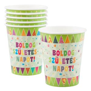 Party pohár papír 250ml Boldog Születésnapot feliratos, zászlós (6db/csomag)