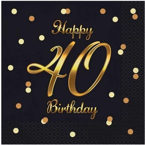 Szalvéta 33x33cm 20db/csomag, 3 rétegű Happy Birthday 40. fekete, pöttyös