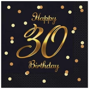 Szalvéta 33x33cm 20db/csomag, 3 rétegű Happy Birthday 30. fekete, pöttyös