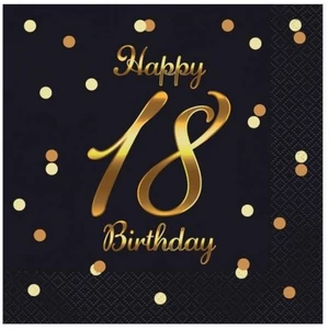Szalvéta 33x33cm 20db/csomag, 3 rétegű Happy Birthday 18. fekete, pöttyös