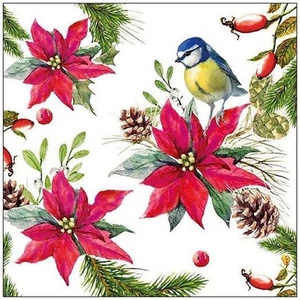 Szalvéta Ambiante Bird on Poinsettia white papír papírszalvéta 33x33cm,20db-os