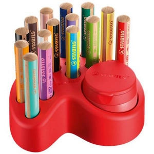 Színes ceruza készlet Stabilo asztali tartóban, kerek, vastag 15 különböző szín, hegyezővel