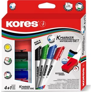 Táblamarker készlet Kores 1-3mm 4színű kerek hegyű+mágneses törlő Írószerek KORES 20863