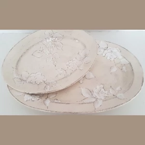 Tál ovális kerámia Domború mintás kicsi,virágos natúr kézzel festett 31,5x21x3,5cm