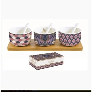 Tálkaszett Porcelán kanállal 3db-os,bambusztálcan 26x8cm dobozban,Atmosphere Peacock