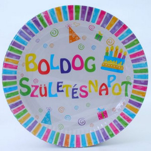 Party tányér papír 23cm Boldog Születésnapot feliratos, tortás (6db/csomag)