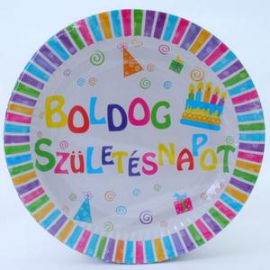 Party tányér papír 23cm Boldog Születésnapot feliratos, tortás (6db/csomag)
