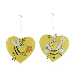 Tavasz dekor akasztós szív alakú méhecskével, fém 10x10cm sárga, 2 féle