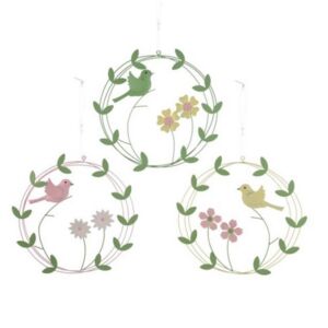 Tavasz dekor akasztós madárral, virággal fém 17x17cm 3 féle rózsaszín sárga