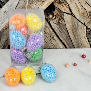 Tavaszi dekor akasztós tojás gyöngyökkel, poly 3x4vm multicolor, 12db/set