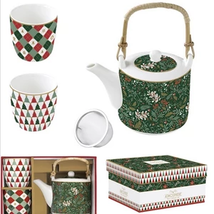 Teáskanna+2pohár porcelán 6dl fémszűrővel, 160ml, Fancy Christmas, dobozban,