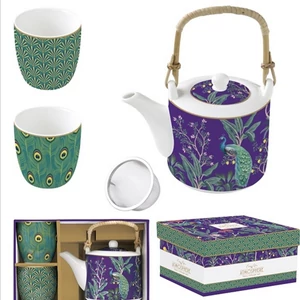 Teáskanna+2pohár porcelán 6dl fémszűrővel, 160ml, Imperial Peacock dobozban,