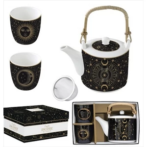 Teáskanna+2pohár Porcelán 6dl fémszürővel, 160ml Atmosphere, Celes dobozban