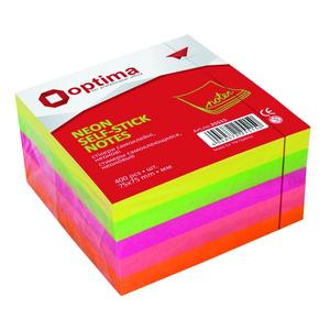 Tépőtömb 75x75mm Optima 400lapos neon szín, ragasztott Papiron jegyzettömb