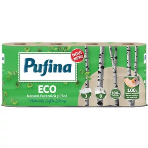 Toalettpapír 3 rétegű kistekercses 8 tekercs PUFINA "Eco" fehérítetlen és vegyszermentes