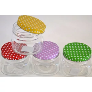 Üveg befőttes 10x10x9,5cm színes pöttyös tetővel 357735
