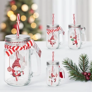 Üvegpohár 450ML Hóember mintás szívószállal 3féle kpm25