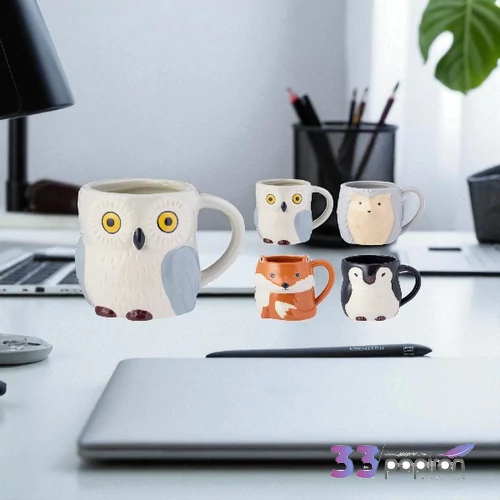 Bögre porcelán állatmintás süni, róka pingvin és bagoly kpm25