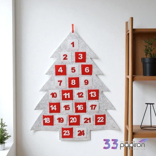 Adventikalendárium textil 24új filcből fenyőfa alakú 60x35x35cm 0.5cmx52cmx66cm sdkae 1db/ár