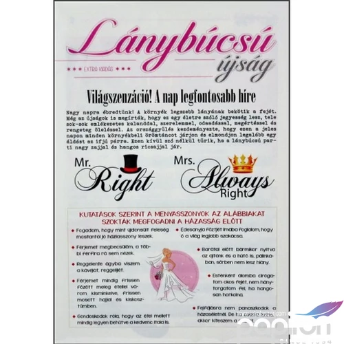 Ajándék újság lánybúcsúra Mérete: 16 cm x 23 cm Az újság összesen 8 oldalas.